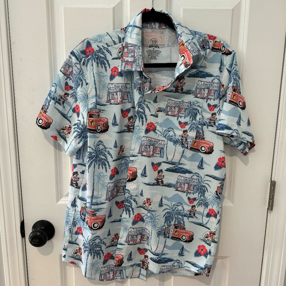 Buc-ees Blue Hawaiian Button Up Fishing Shirt - Size Small
